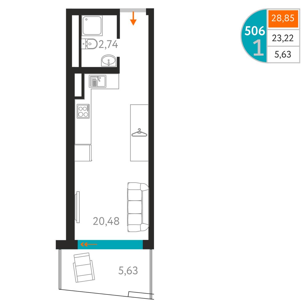 Планировка: Апартаменты · 28,85 м²