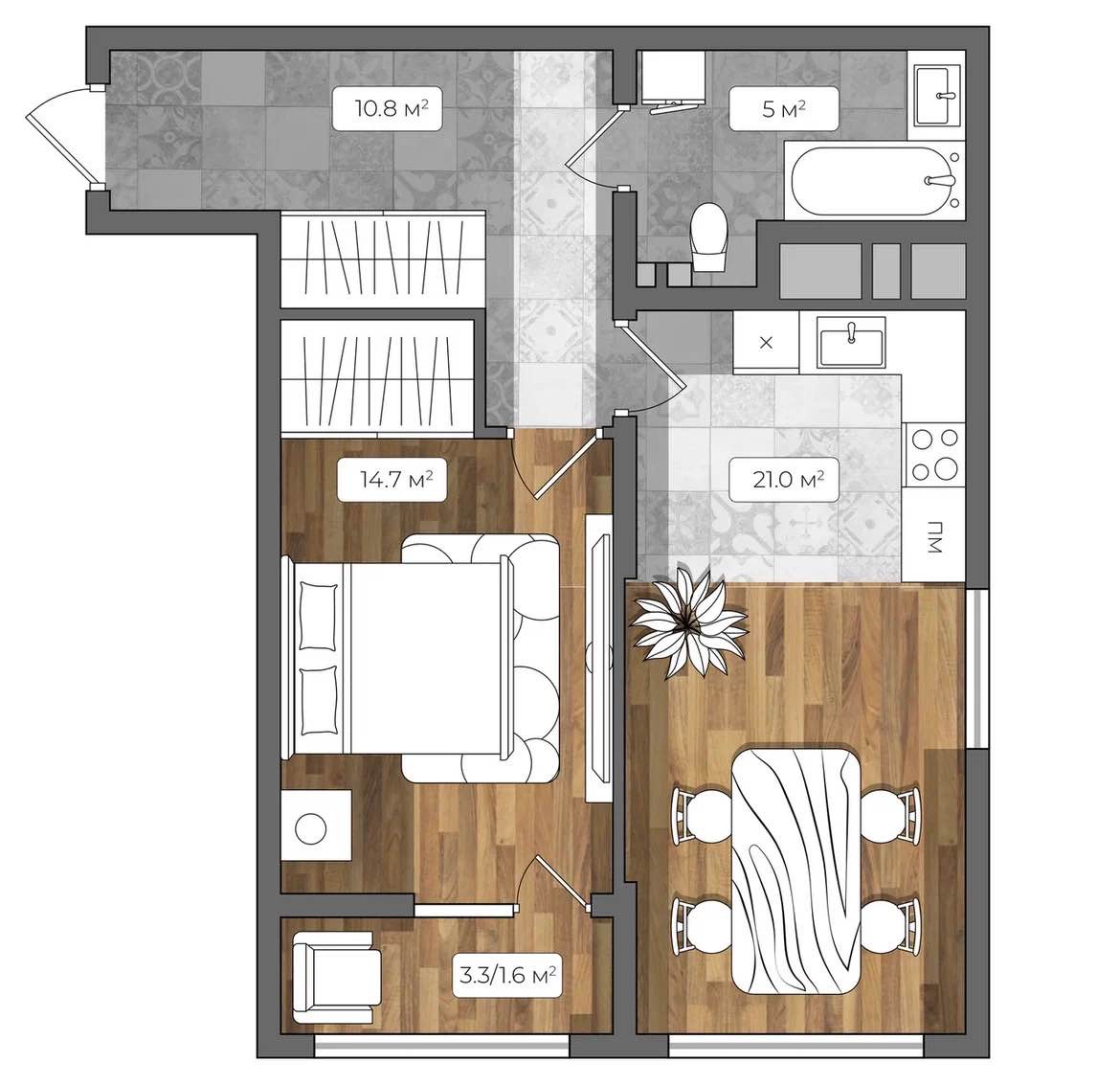Планировка: 1-комнатная · 53,1 м²