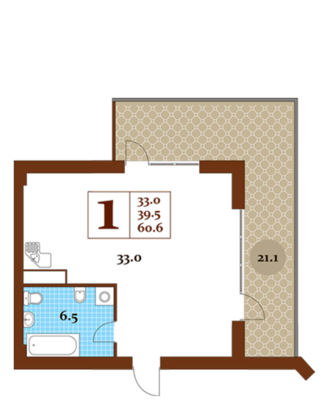 Планировка: 1-комнатная · 60,6 м²