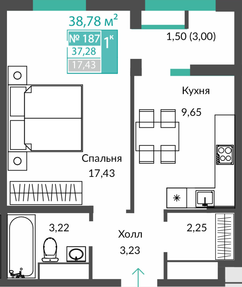Планировка: 1-комнатная · 37,28 м²