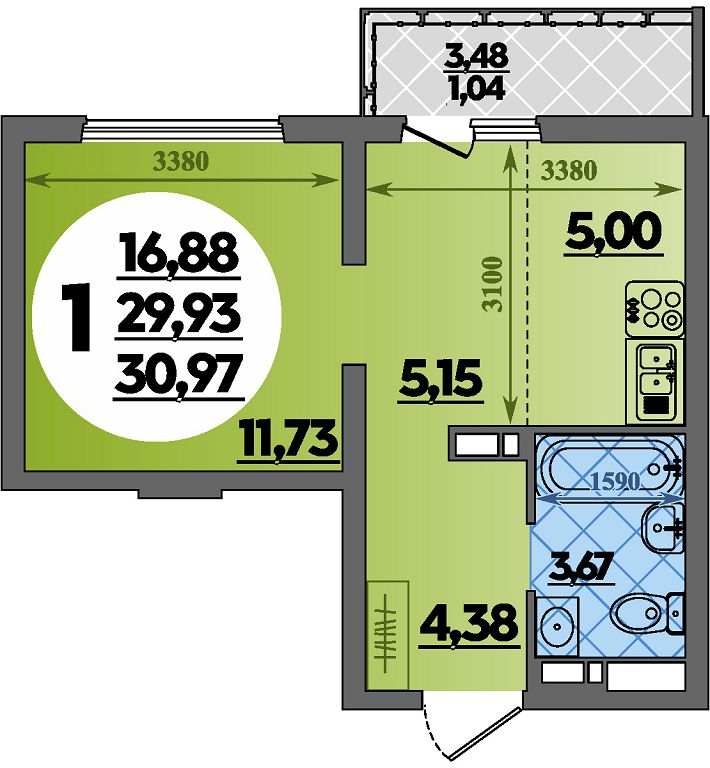 Планировка: Студия · 30,97 м²
