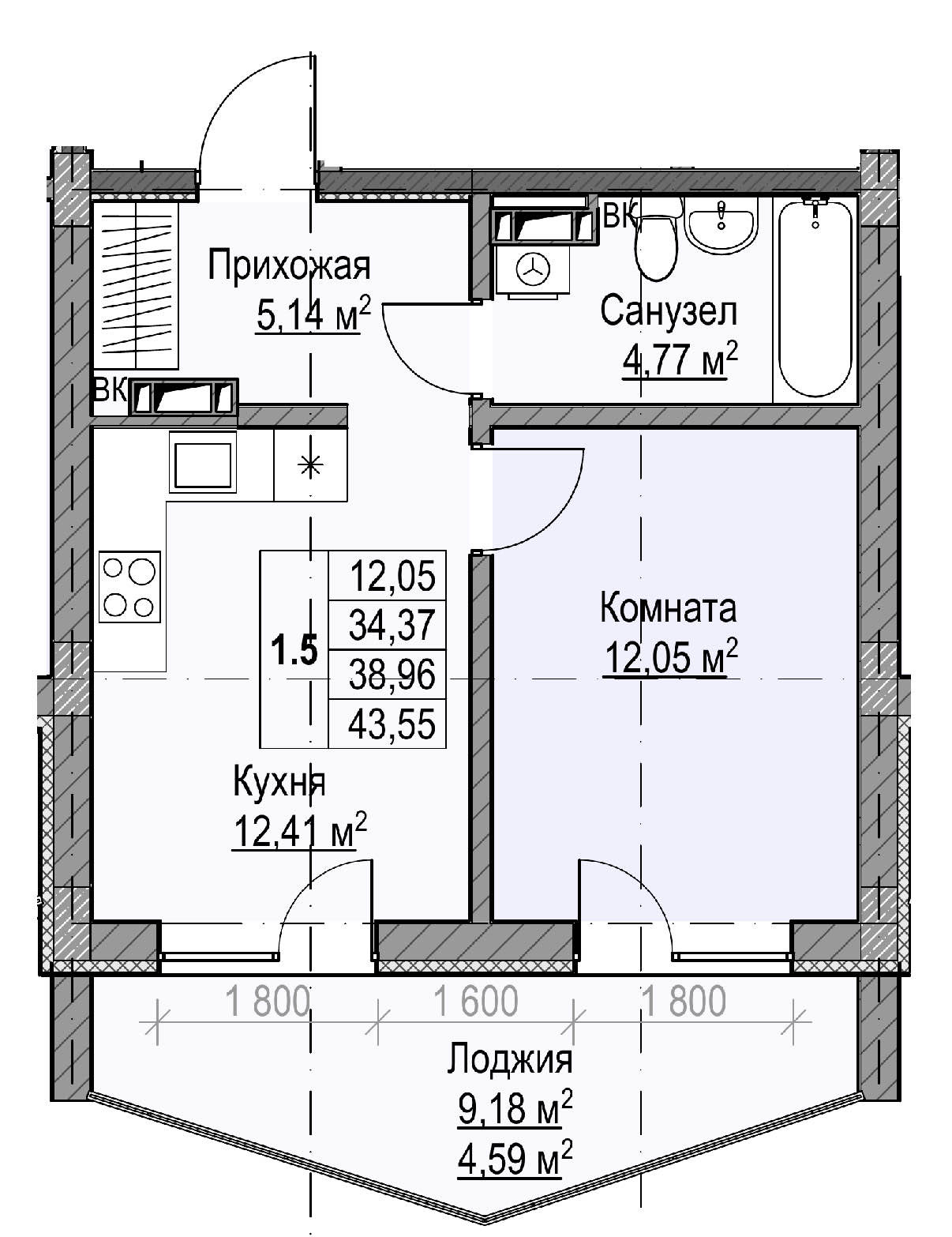 Планировка: 1-комнатная · 38,96 м²
