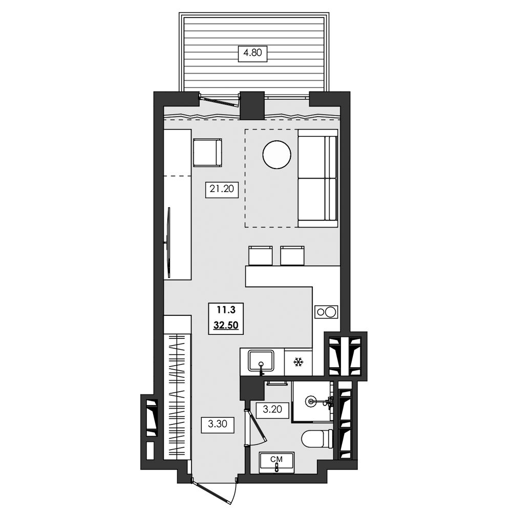 Планировка: Апартаменты · 32,5 м²
