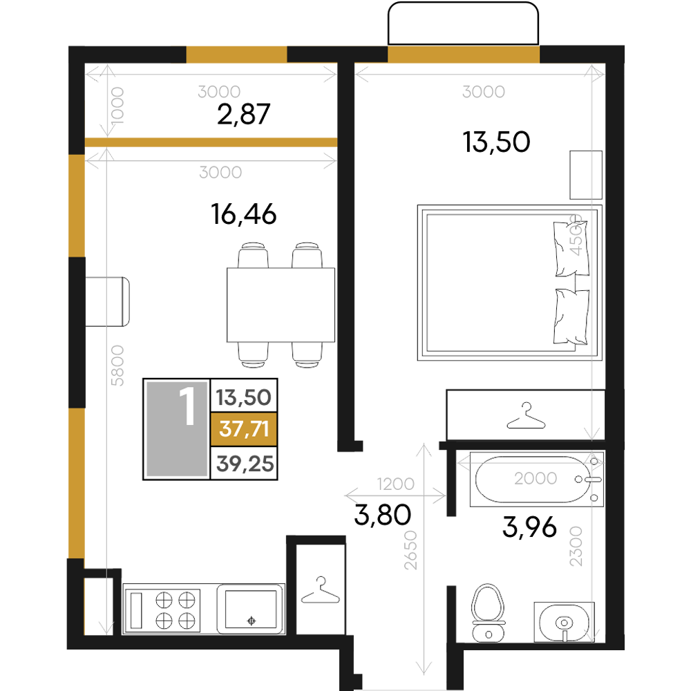 Планировка: 1-комнатная · 39,32 м²