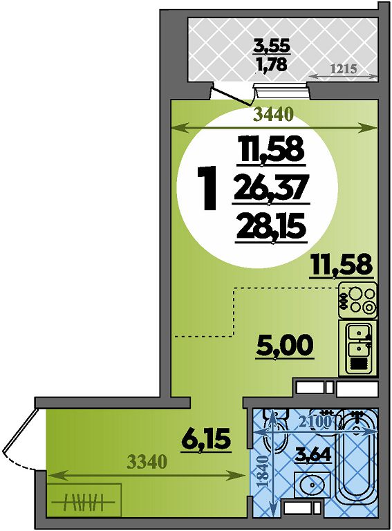 Планировка: Студия · 28,15 м²