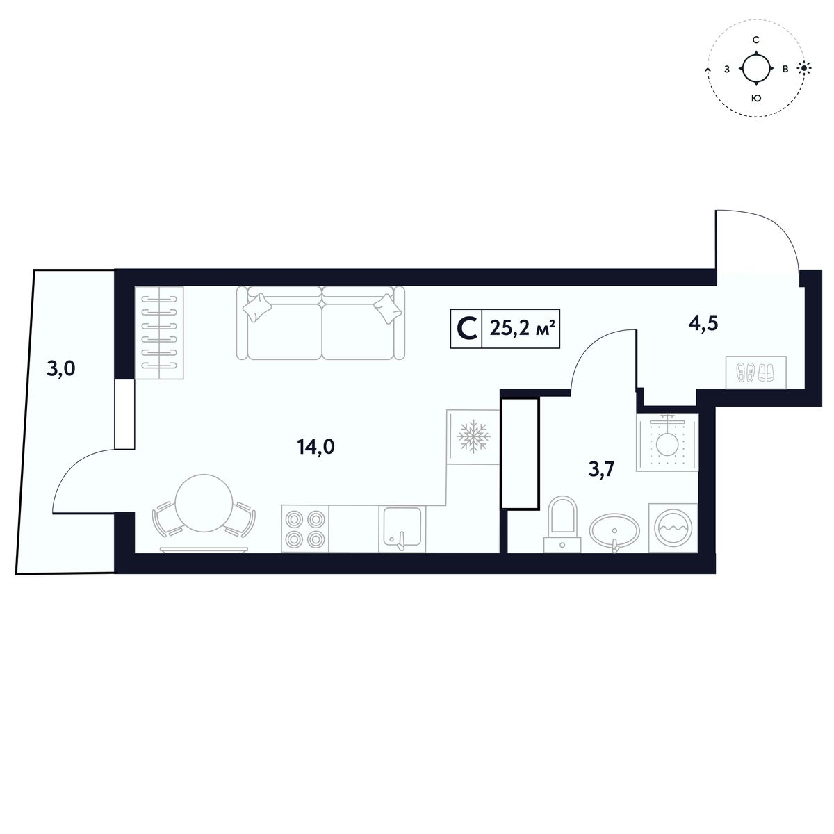 Планировка: Апартаменты · 23,44 м²