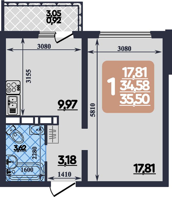 Планировка: 1-комнатная · 35,5 м²
