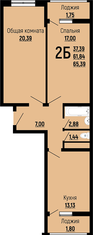 Планировка: 2-комнатная · 65,39 м²