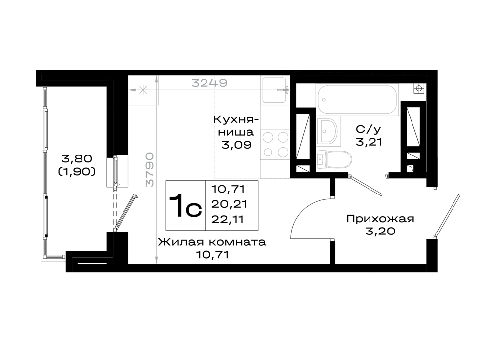 Планировка: Студия · 22,07 м²