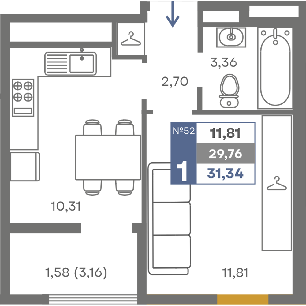 Планировка: 1-комнатная · 29,76 м²