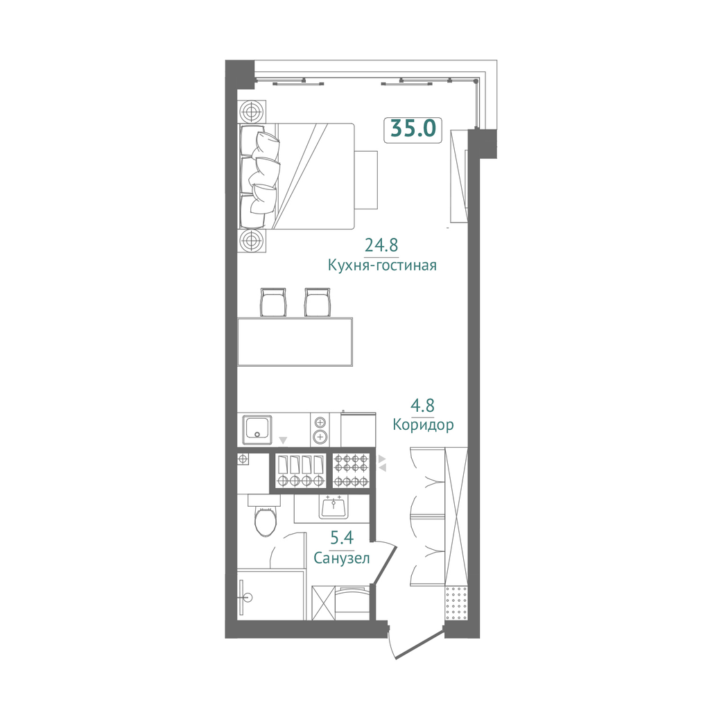 Планировка: Студия · 35 м²