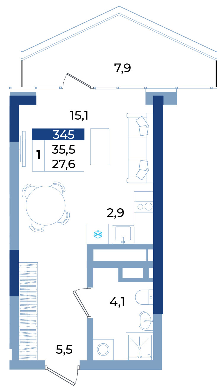 Планировка: 1-комнатная · 35,5 м²
