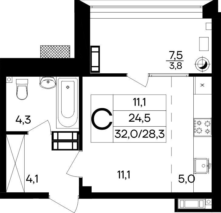 Планировка: Студия · 32 м²