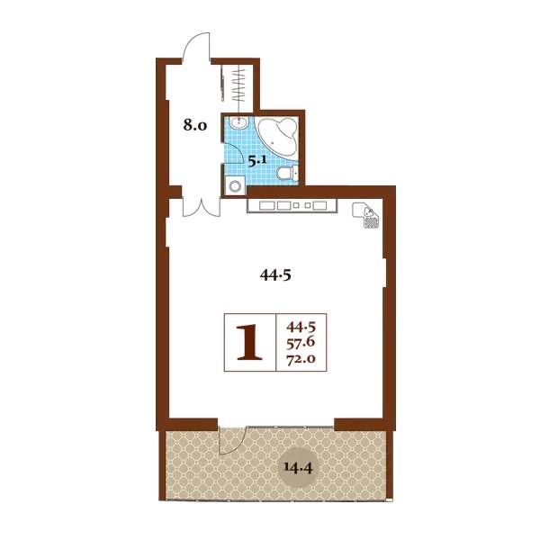 Планировка: 1-комнатная · 72 м²