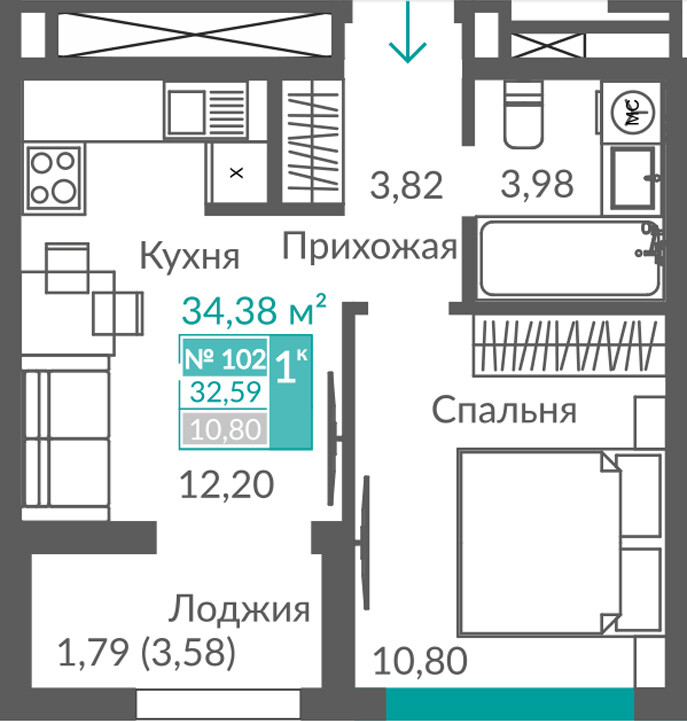 Планировка: 1-комнатная · 32,59 м²