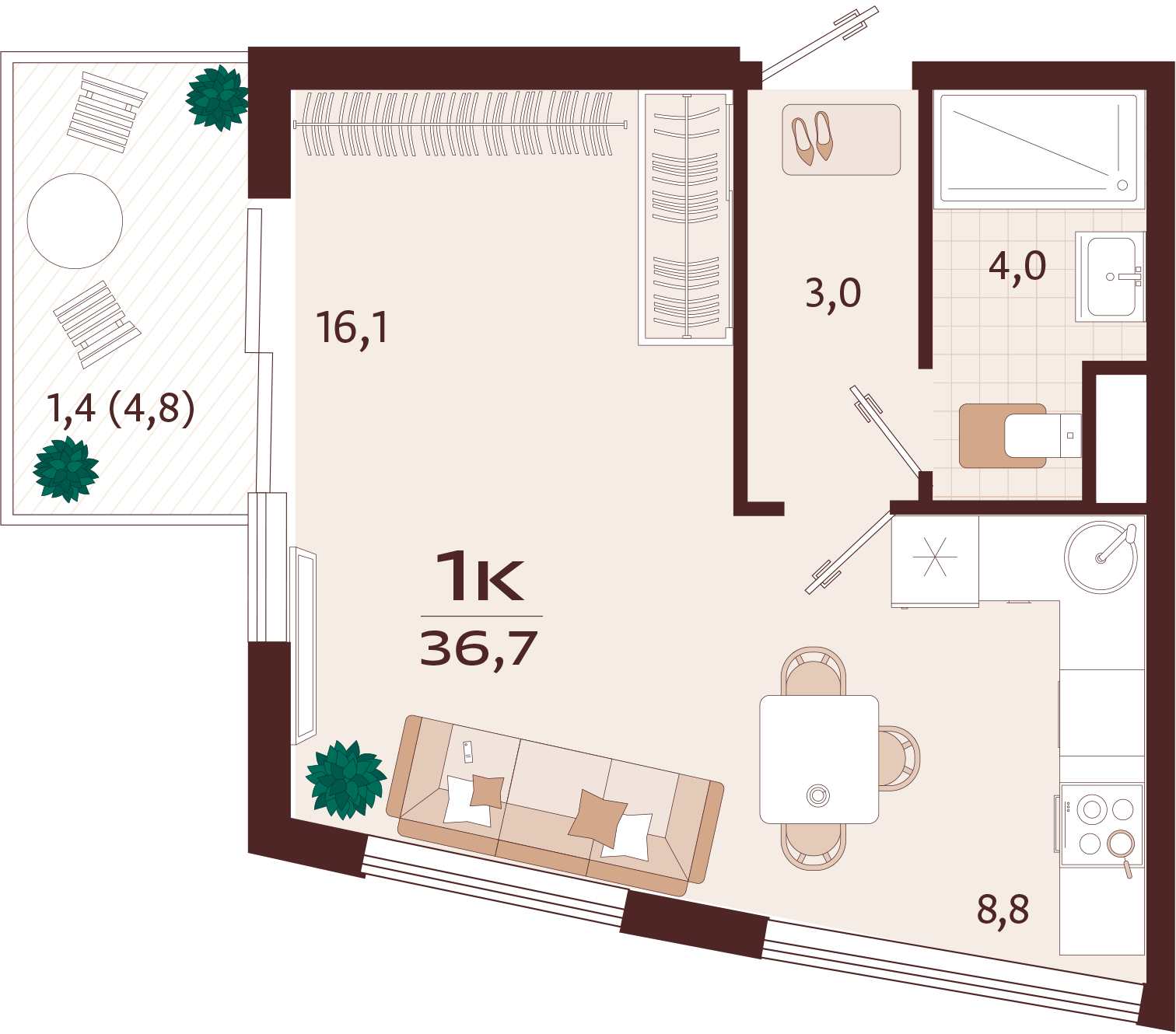 Планировка: 1-комнатная · 36,7 м²