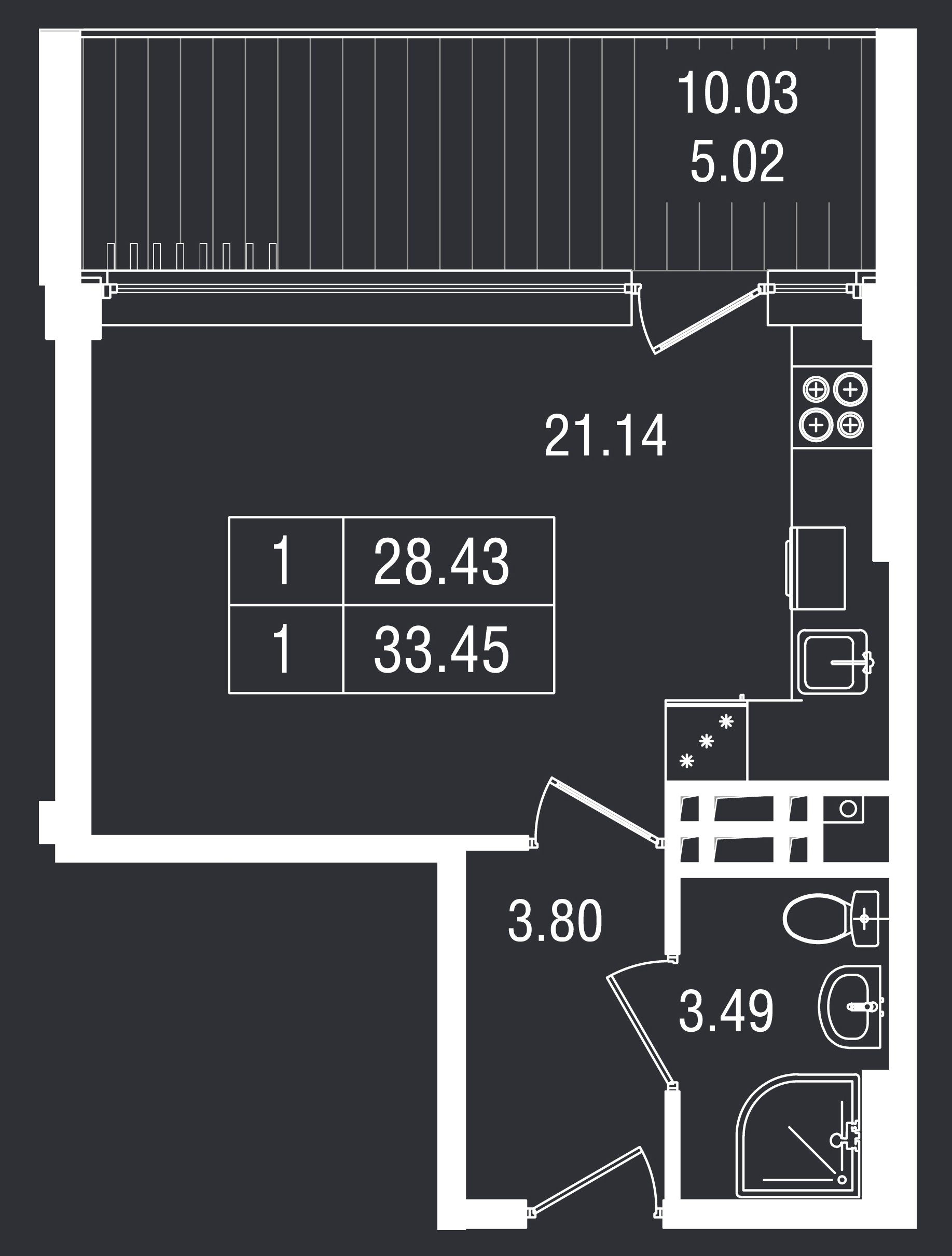 Планировка: Студия · 33,45 м²