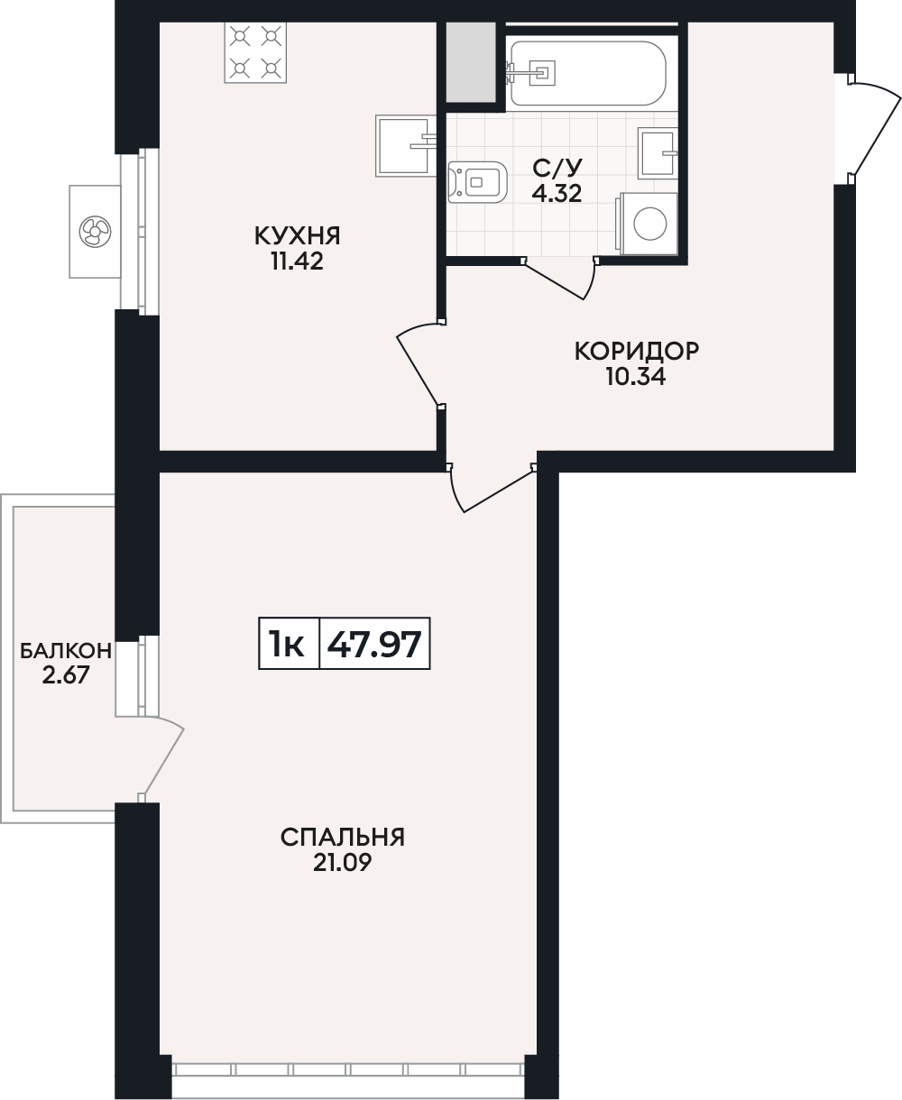 Планировка: 1-комнатная · 47,97 м²