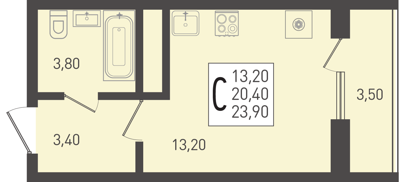 Планировка: Студия · 23,9 м²