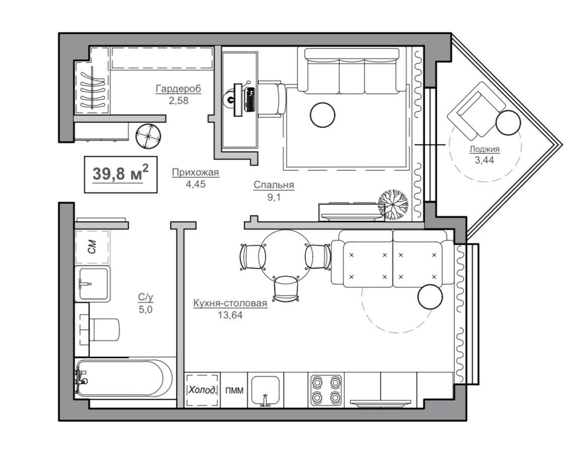 Планировка: Апартаменты · 39,8 м²