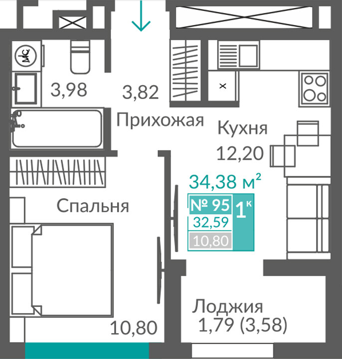 Планировка: 1-комнатная · 32,59 м²