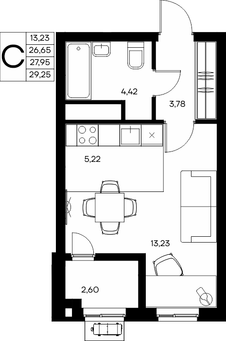 Планировка: Студия · 29,03 м²
