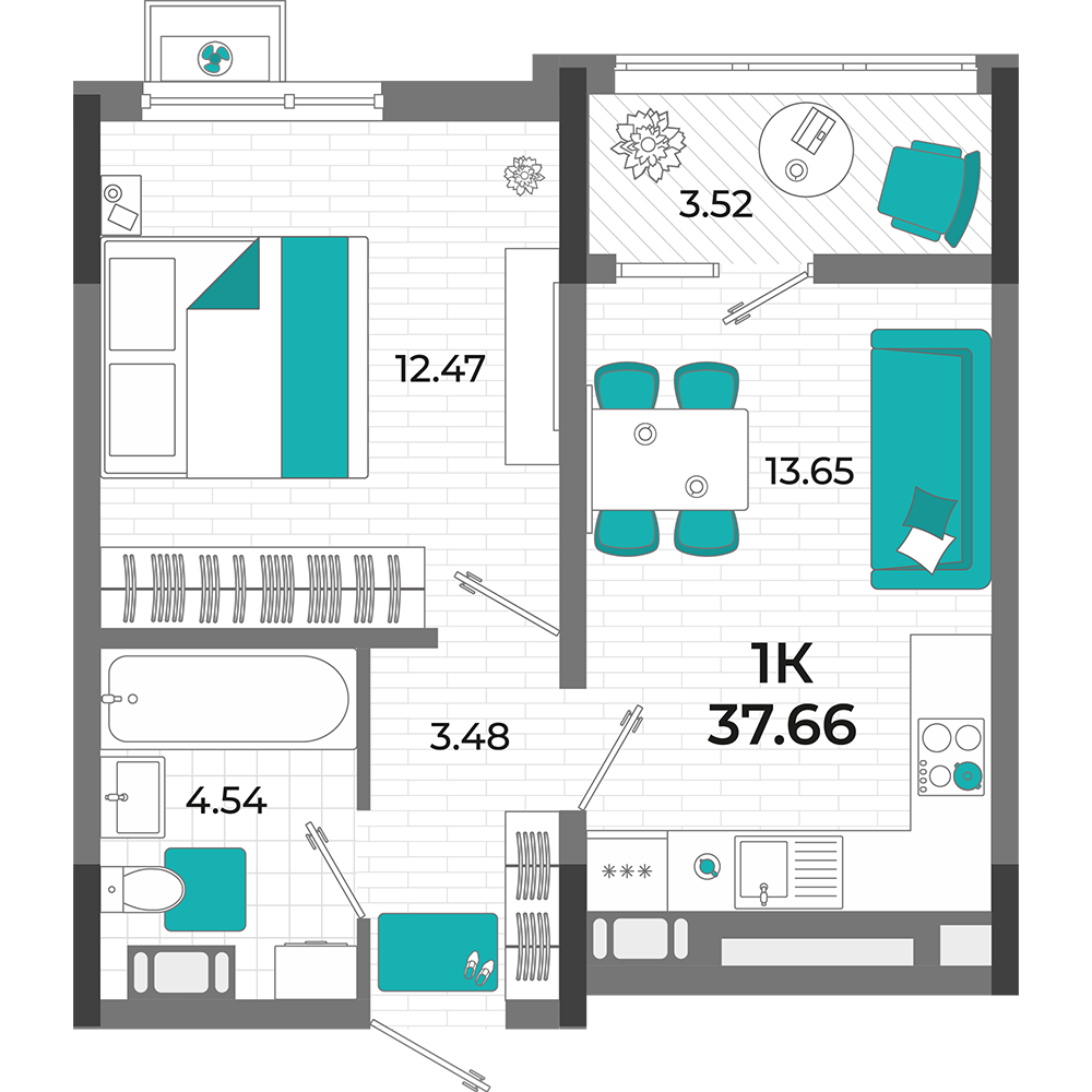Планировка: 1-комнатная · 37,66 м²