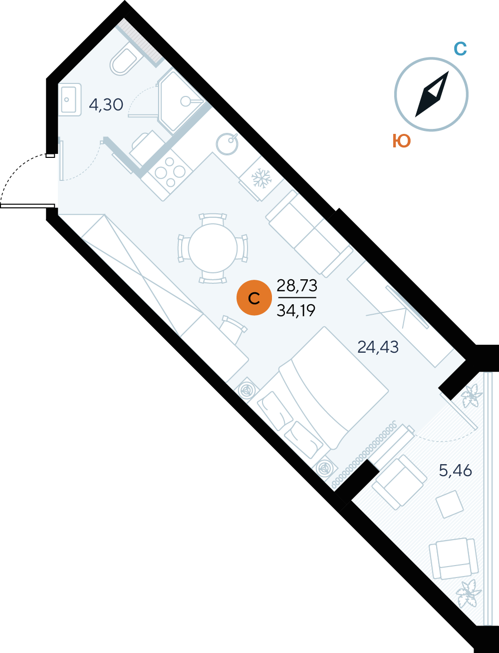 Планировка: Студия · 34,19 м²
