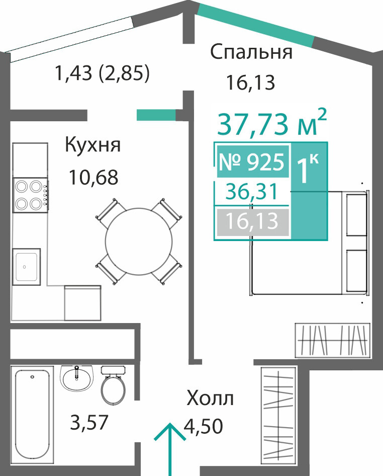 Планировка: 1-комнатная · 36,31 м²