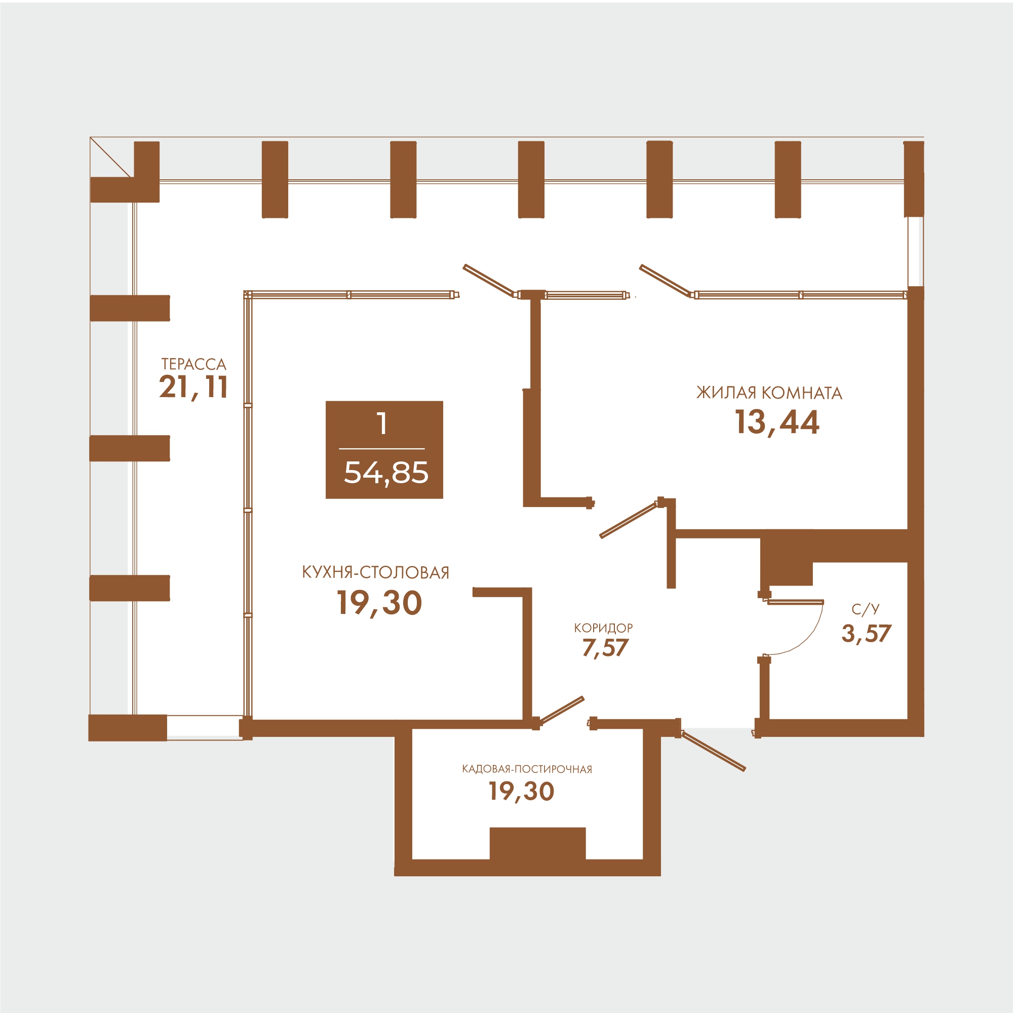 Планировка: 1-комнатная · 54,85 м²