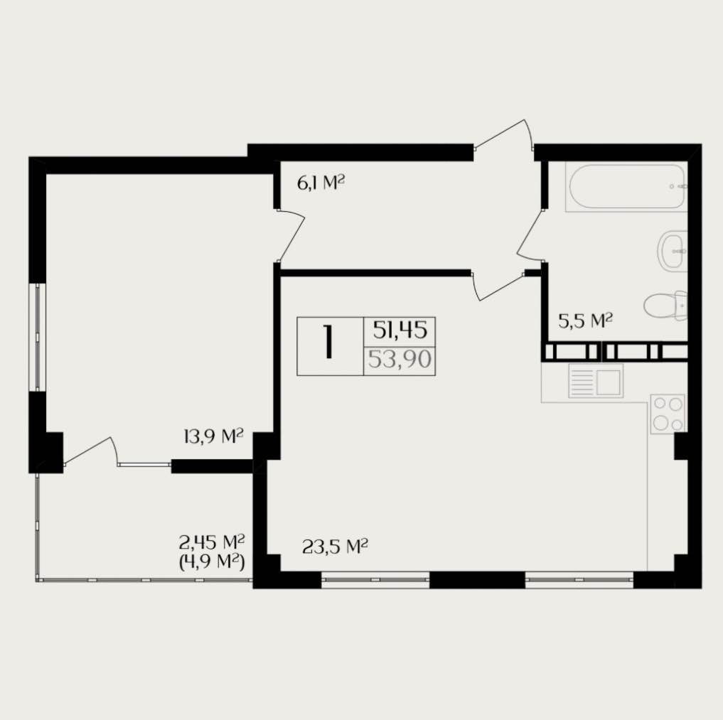 Планировка: 1-комнатная · 51,45 м²