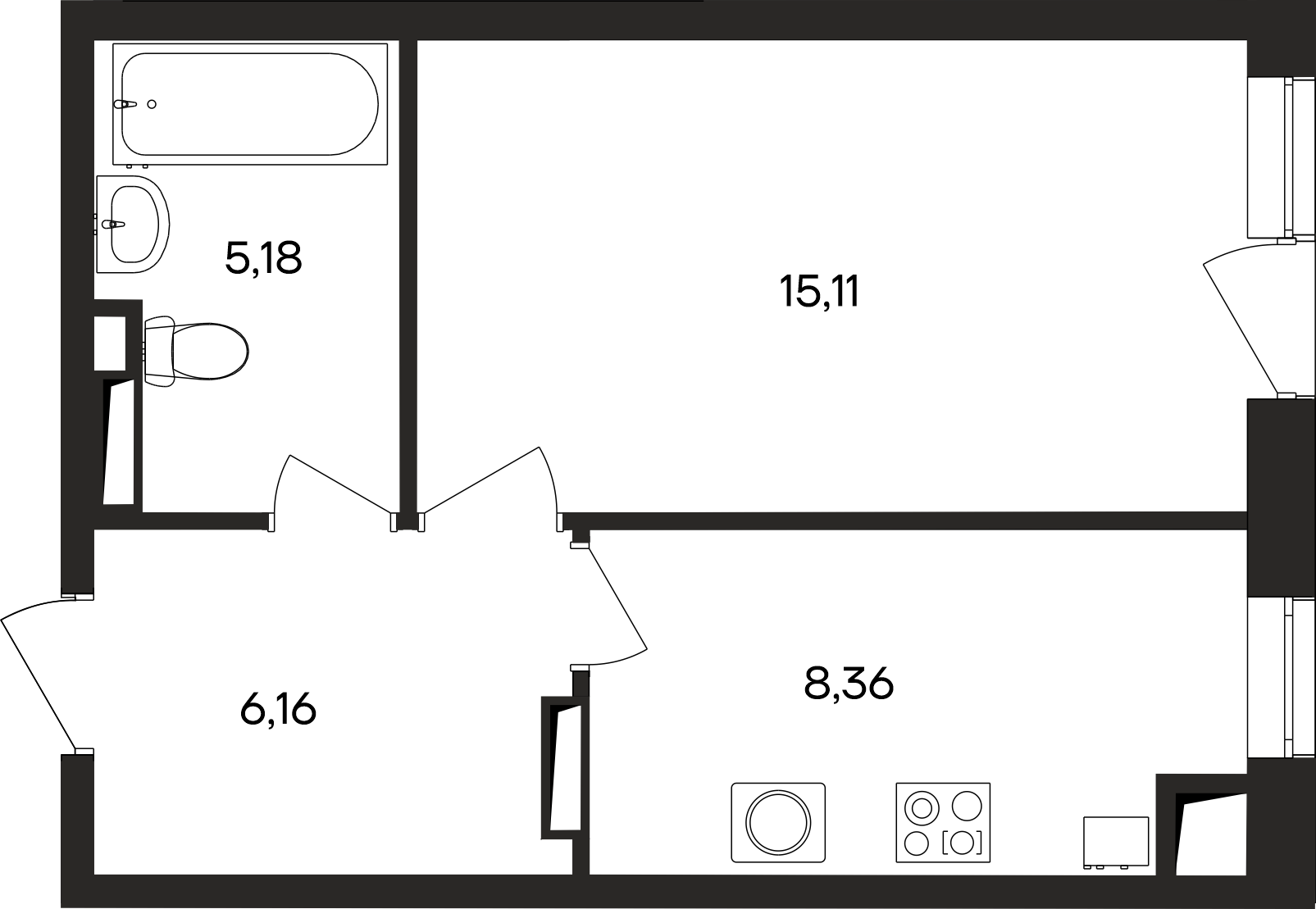 Планировка: 1-комнатная · 35,5 м²
