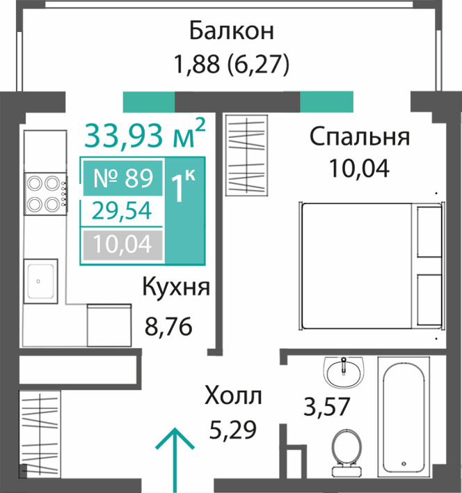 Планировка: 1-комнатная · 29,54 м²