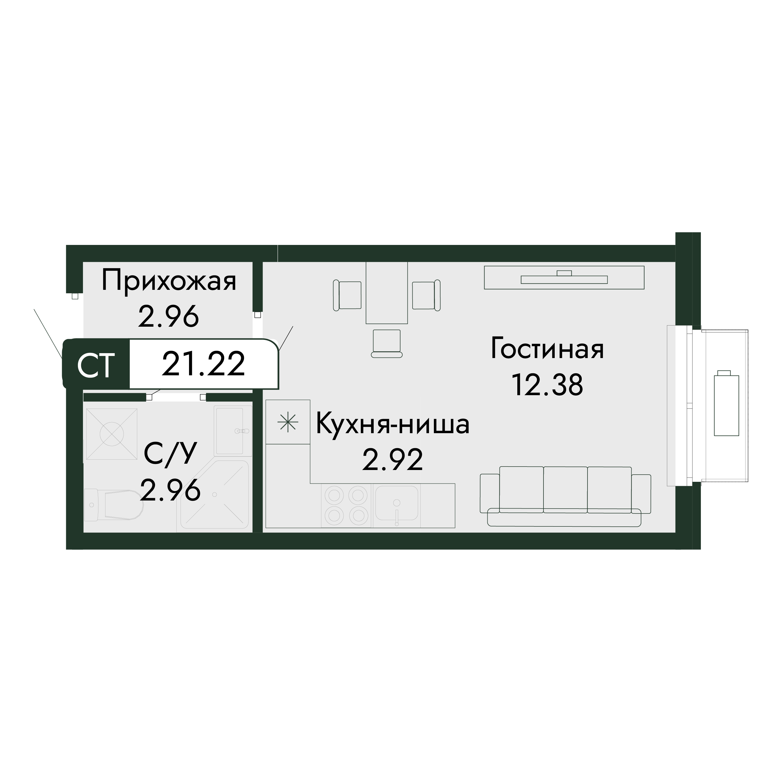 Планировка: Студия · 21,22 м²