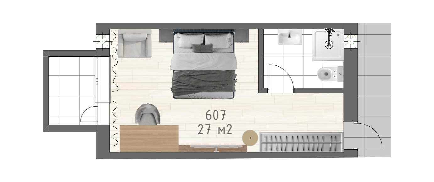 Планировка: Апартаменты · 27 м²