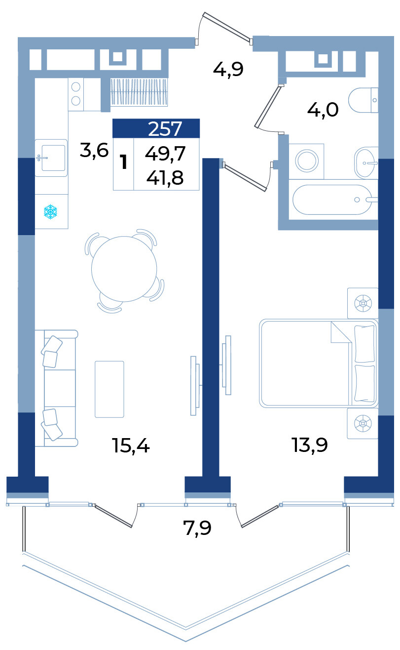 Планировка: 1-комнатная · 49,7 м²