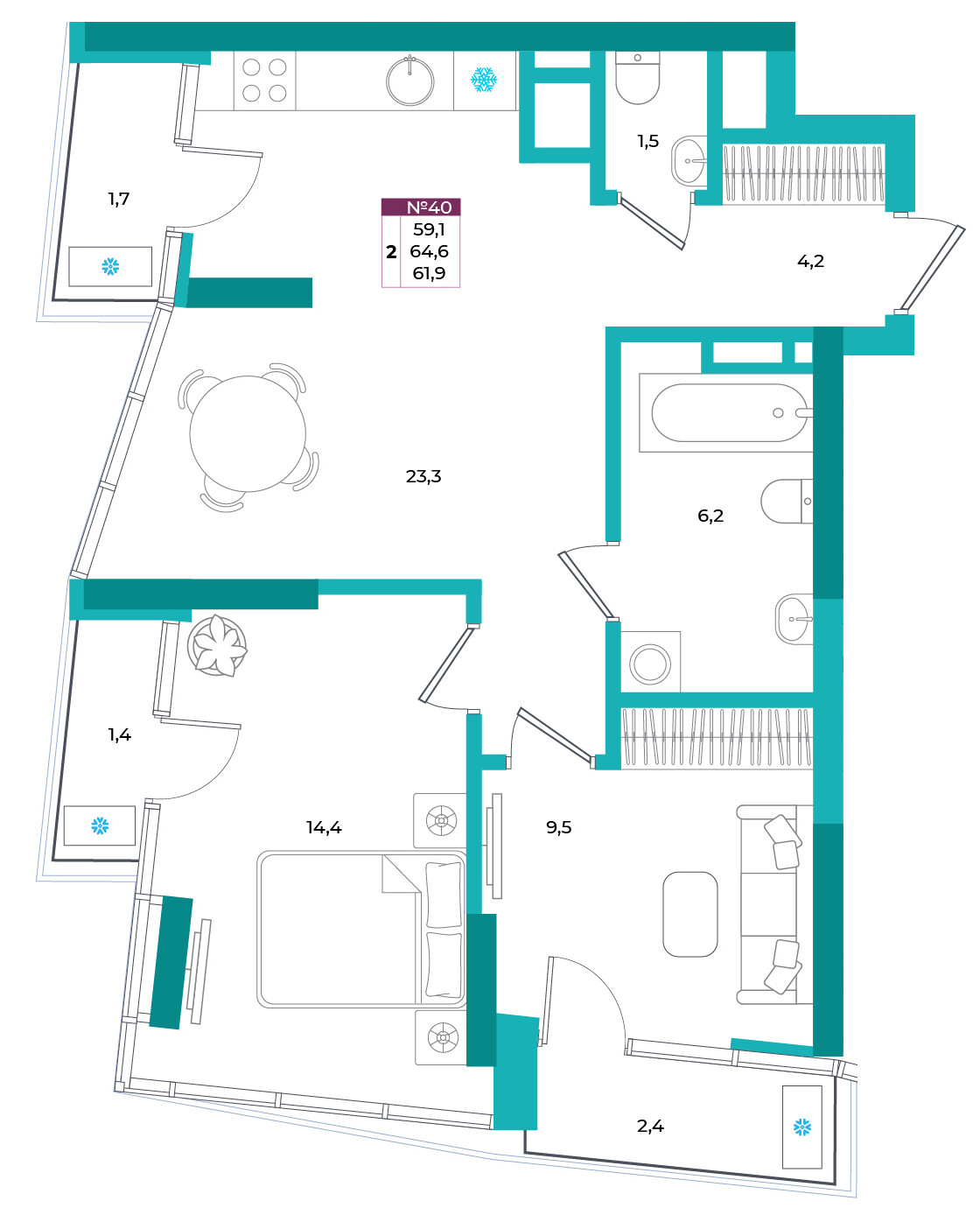 Планировка: 2-комнатная · 61,9 м²