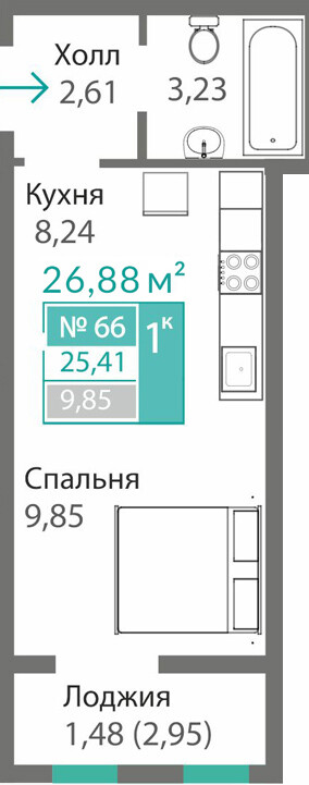 Планировка: 1-комнатная · 25,41 м²