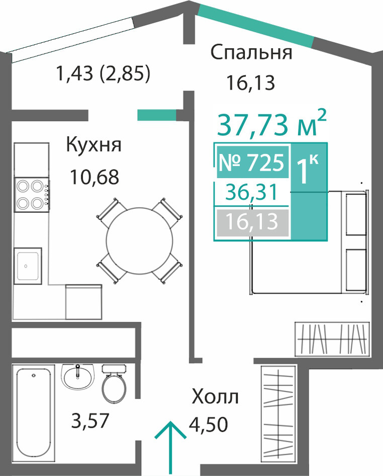 Планировка: 1-комнатная · 36,31 м²