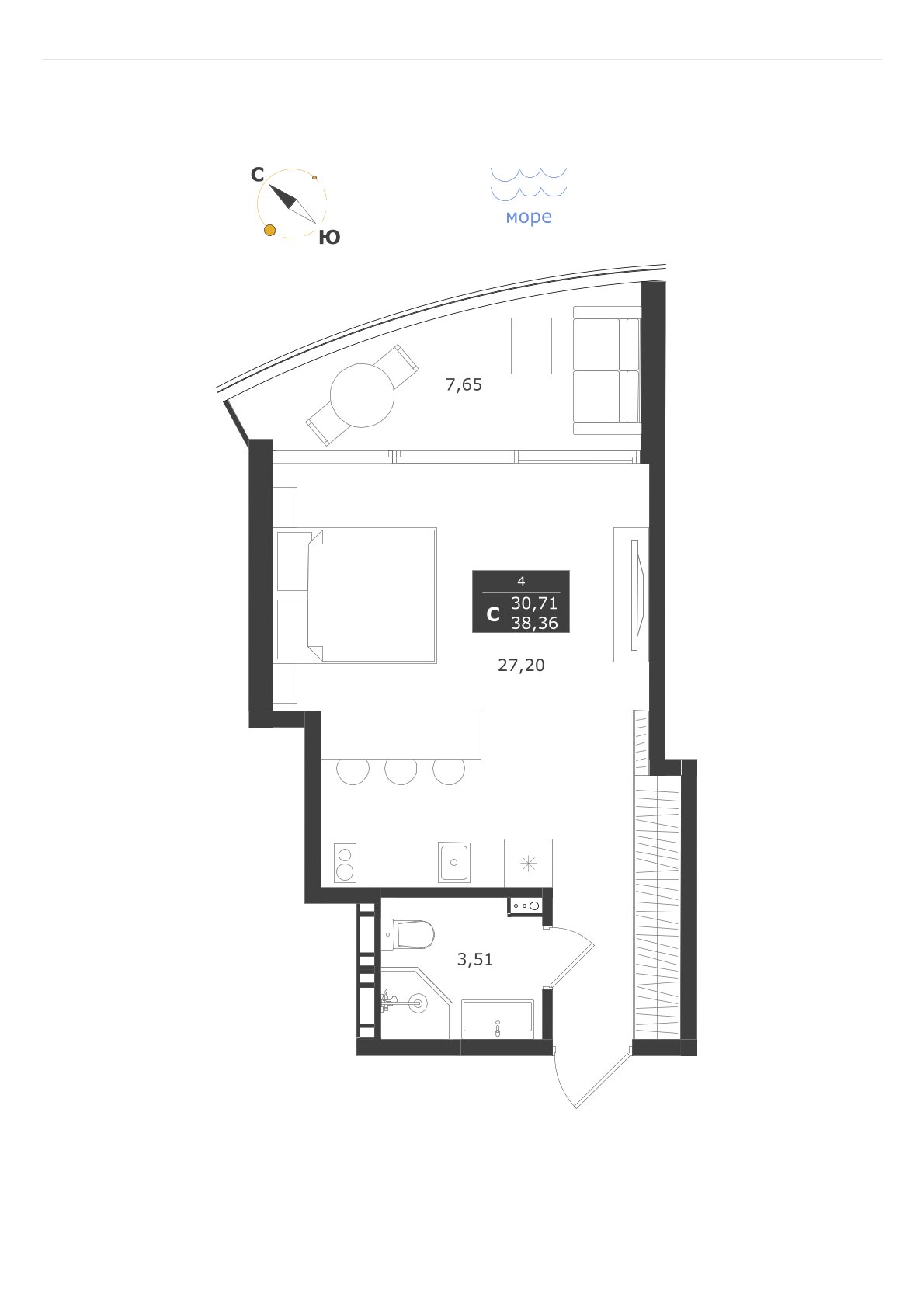 Планировка: Студия · 38,36 м²