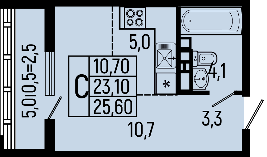 Планировка: Студия · 25,6 м²