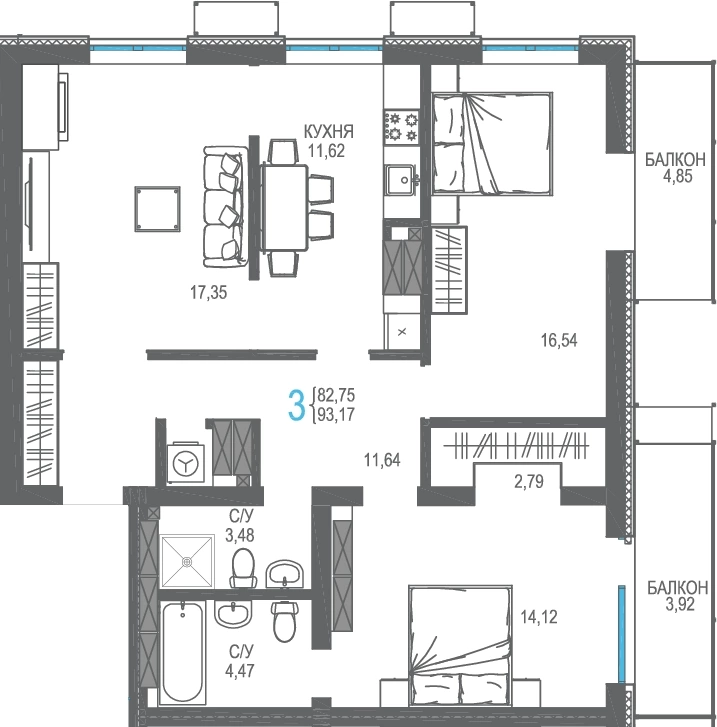 Планировка: 3-комнатная · 93,17 м²