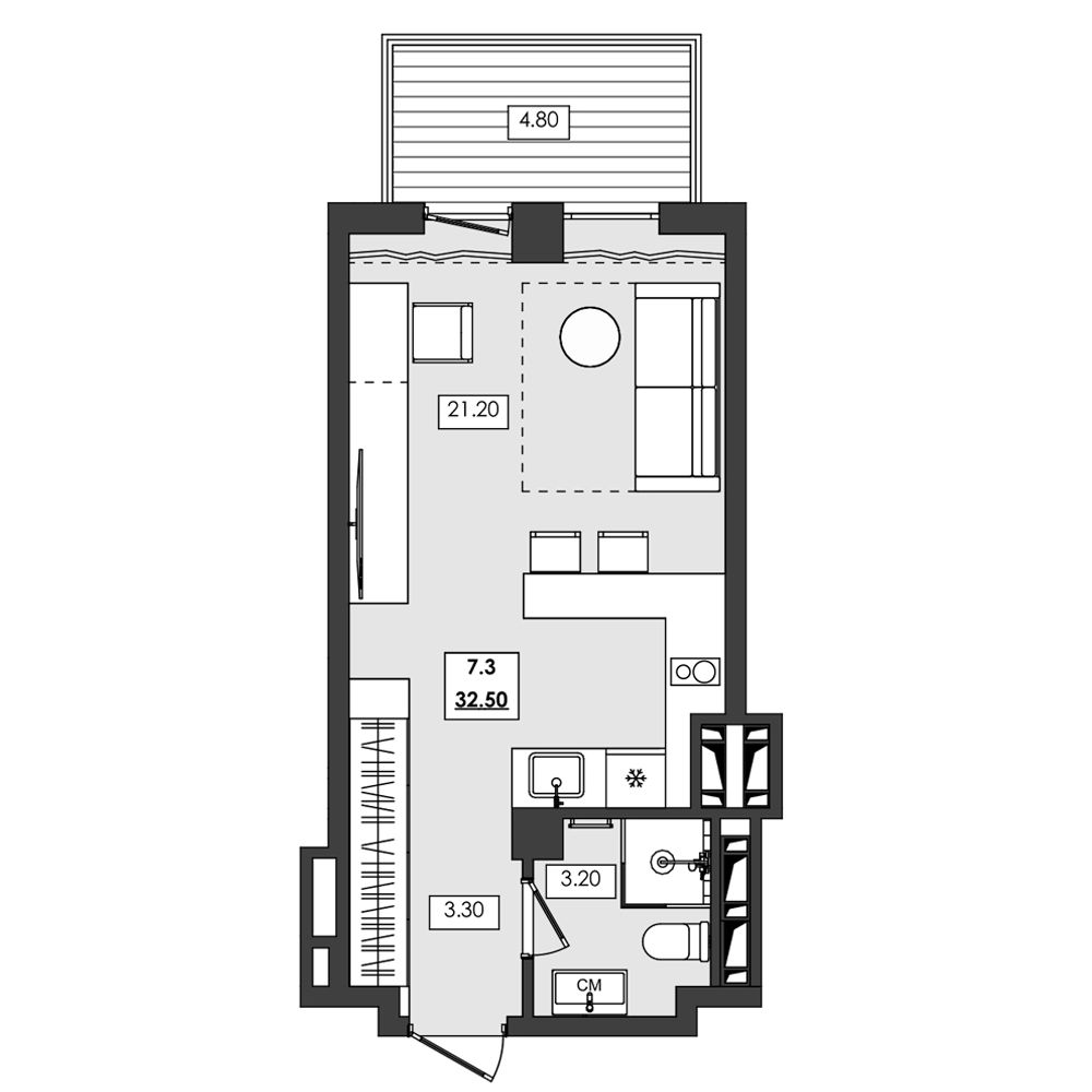 Планировка: Апартаменты · 32,5 м²