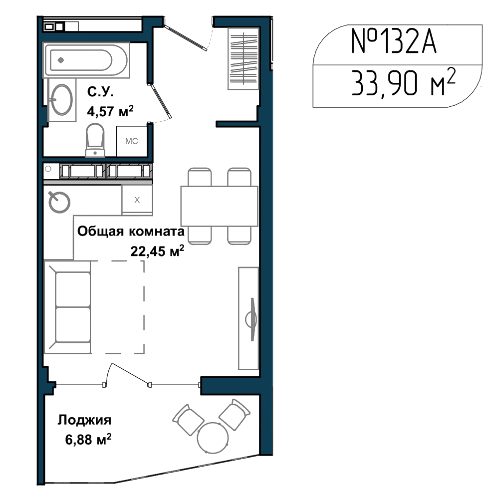 Планировка: Студия · 33,5 м²