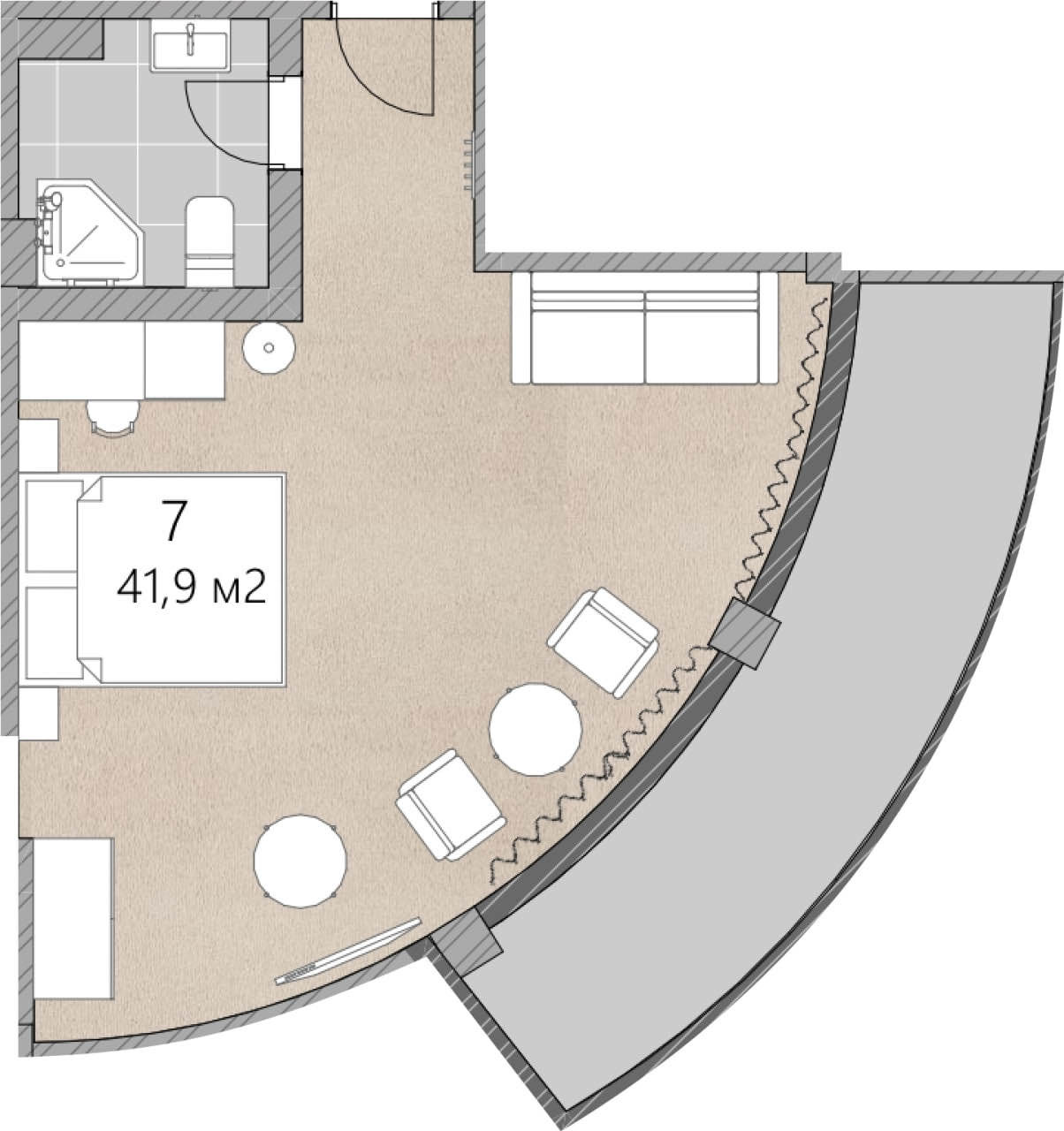 Планировка: 1-комнатная · 41,9 м²