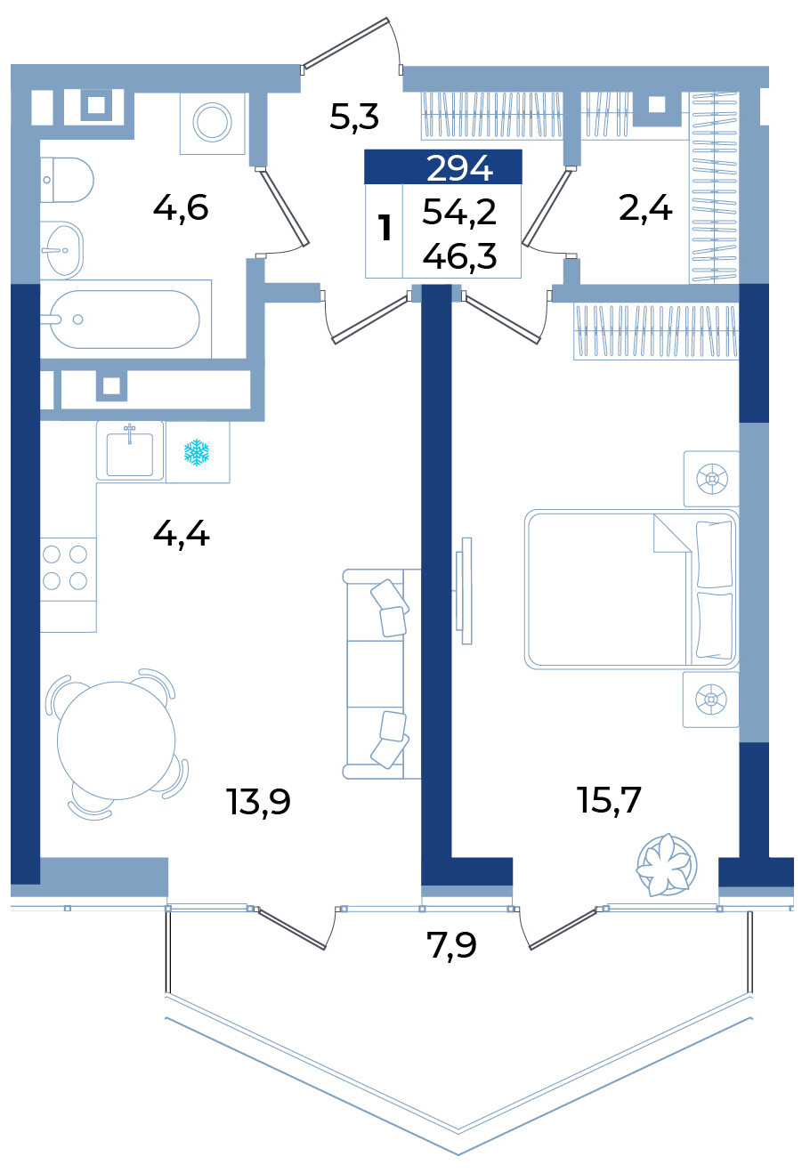 Планировка: 1-комнатная · 54,2 м²