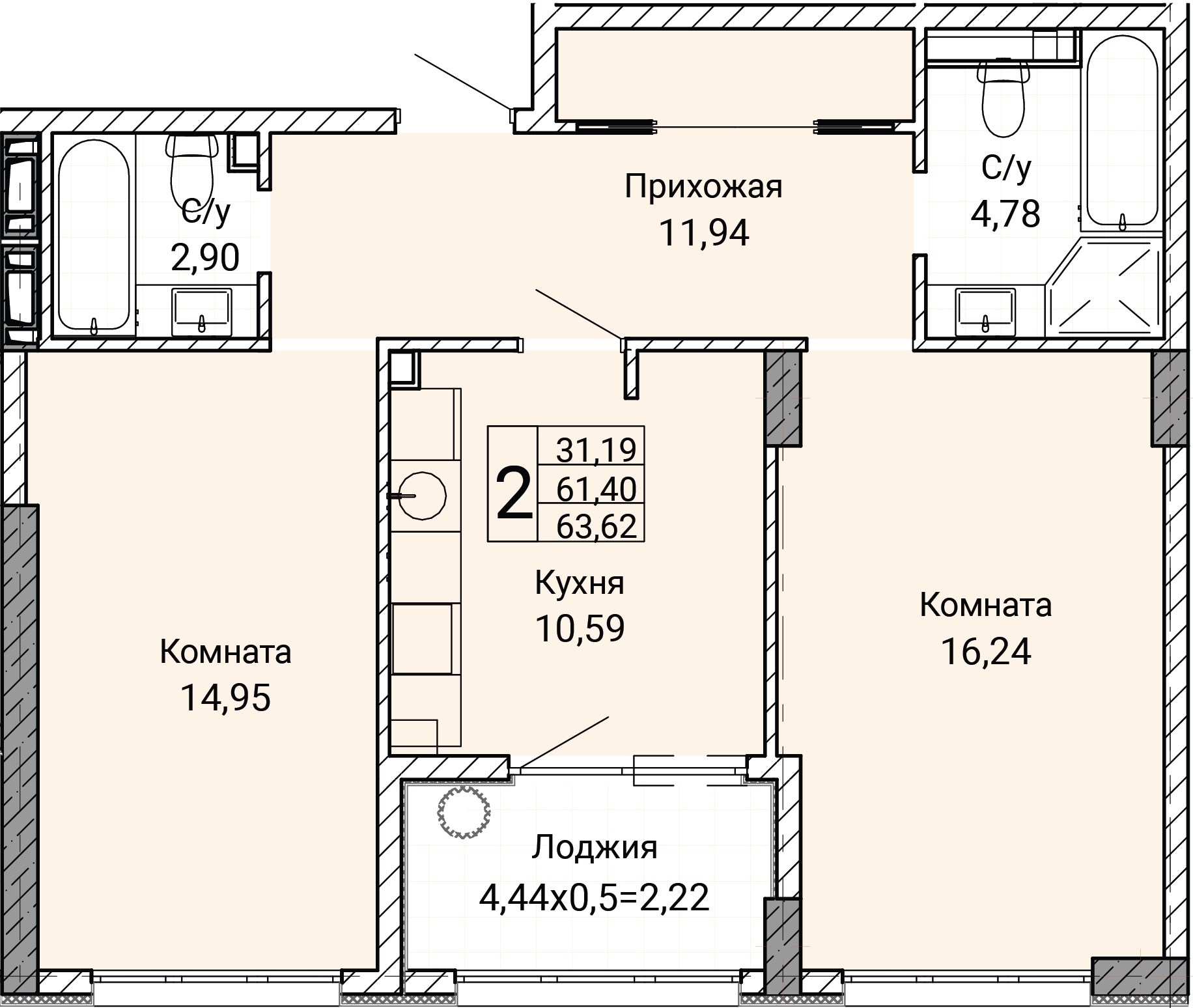 Планировка: 1-комнатная · 63,62 м²