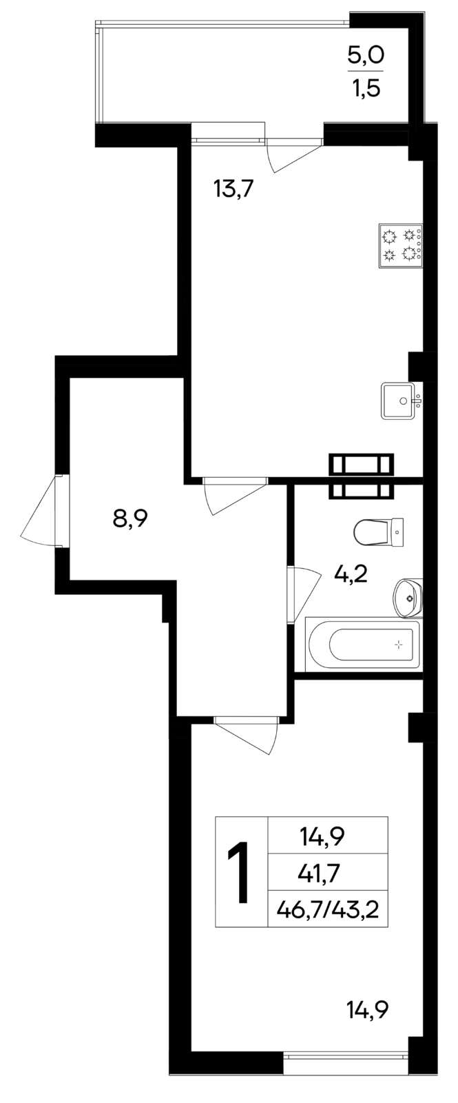 Планировка: 1-комнатная · 46,7 м²