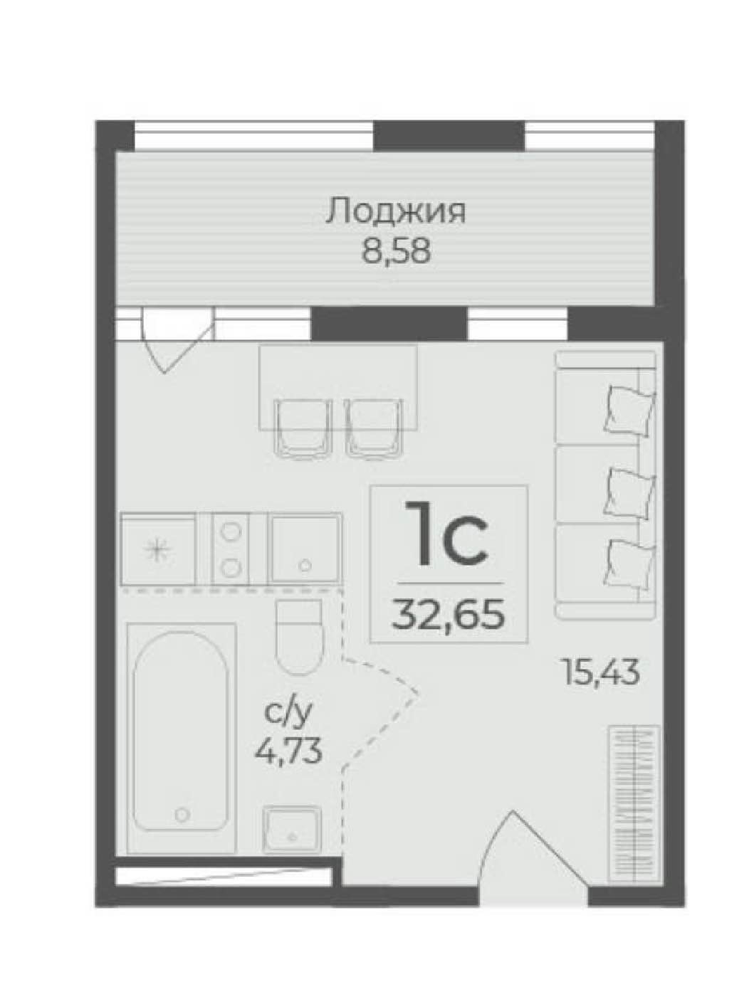 Планировка: 1-комнатная · 37,35 м²