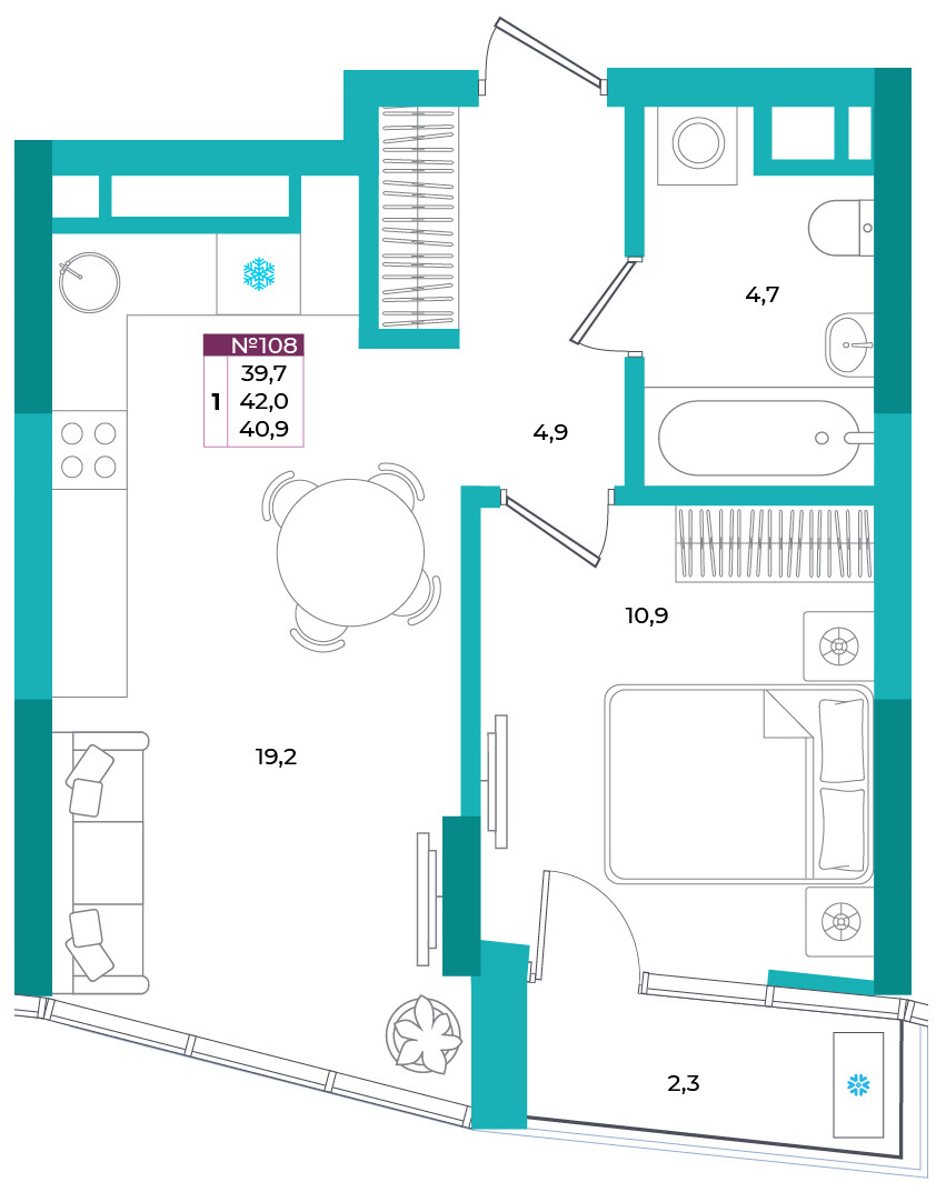 Планировка: 1-комнатная · 40,9 м²